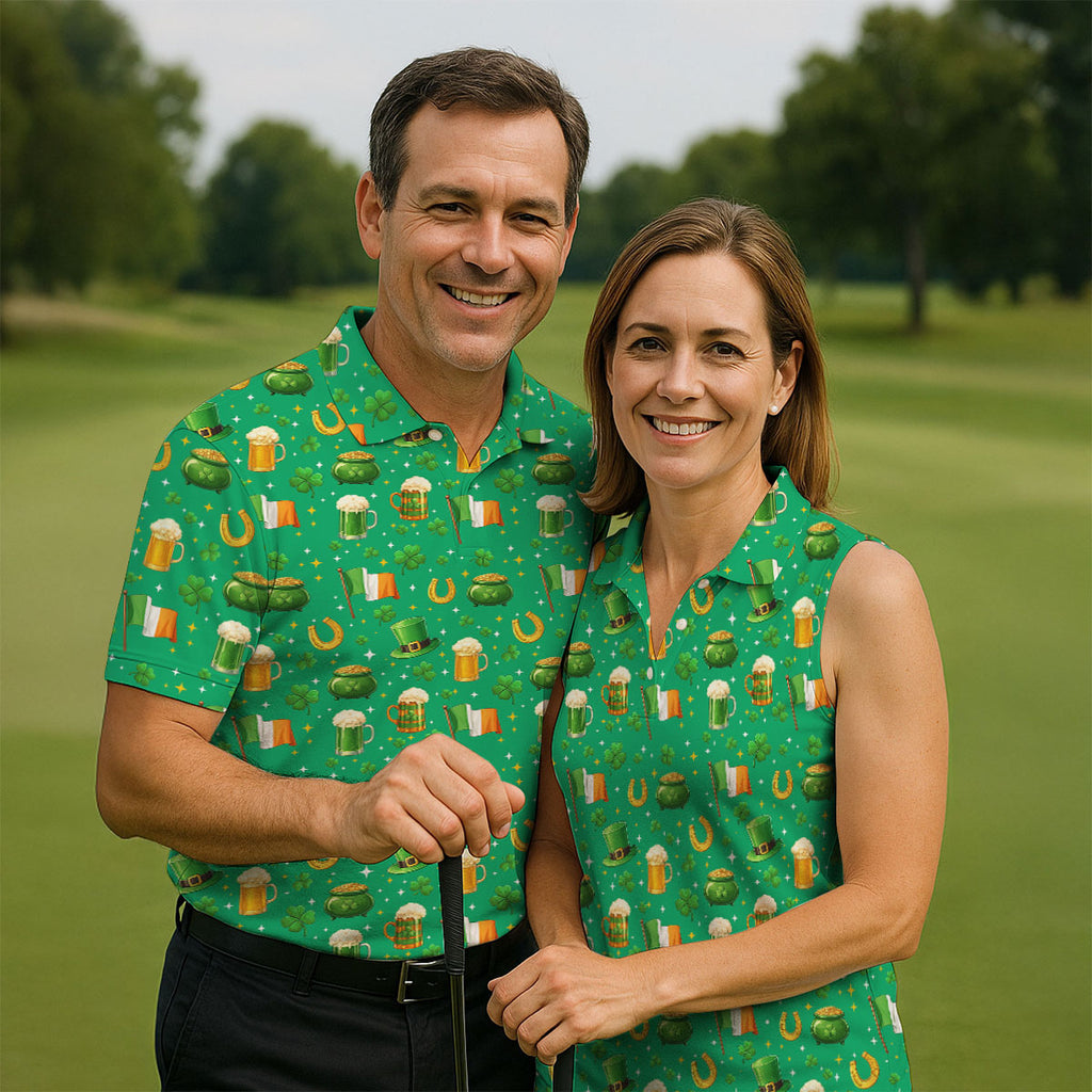 St Patrick's Day Pot Of Gold Leprechaun Hats Irish Flag Golf Tops For Men, Golf Gift For Men, Golf Shirts For Men