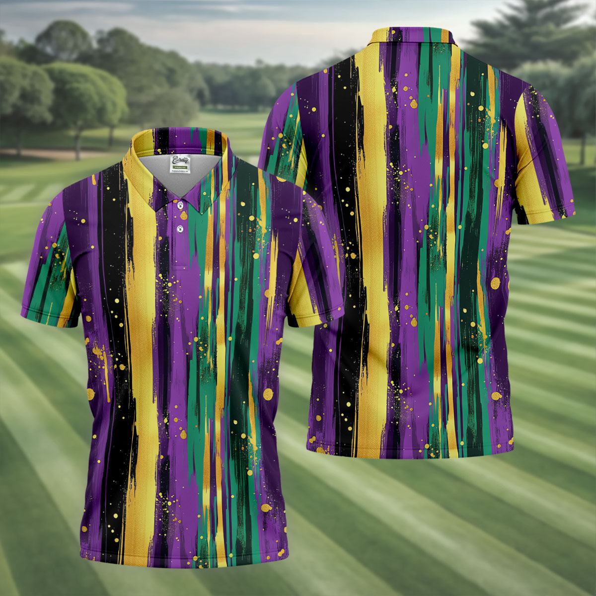 Green Purple Gold Splatter Effect Mardi Gras Golf Shirt, Polo Shirts For Men, Golf Shirts For Men
