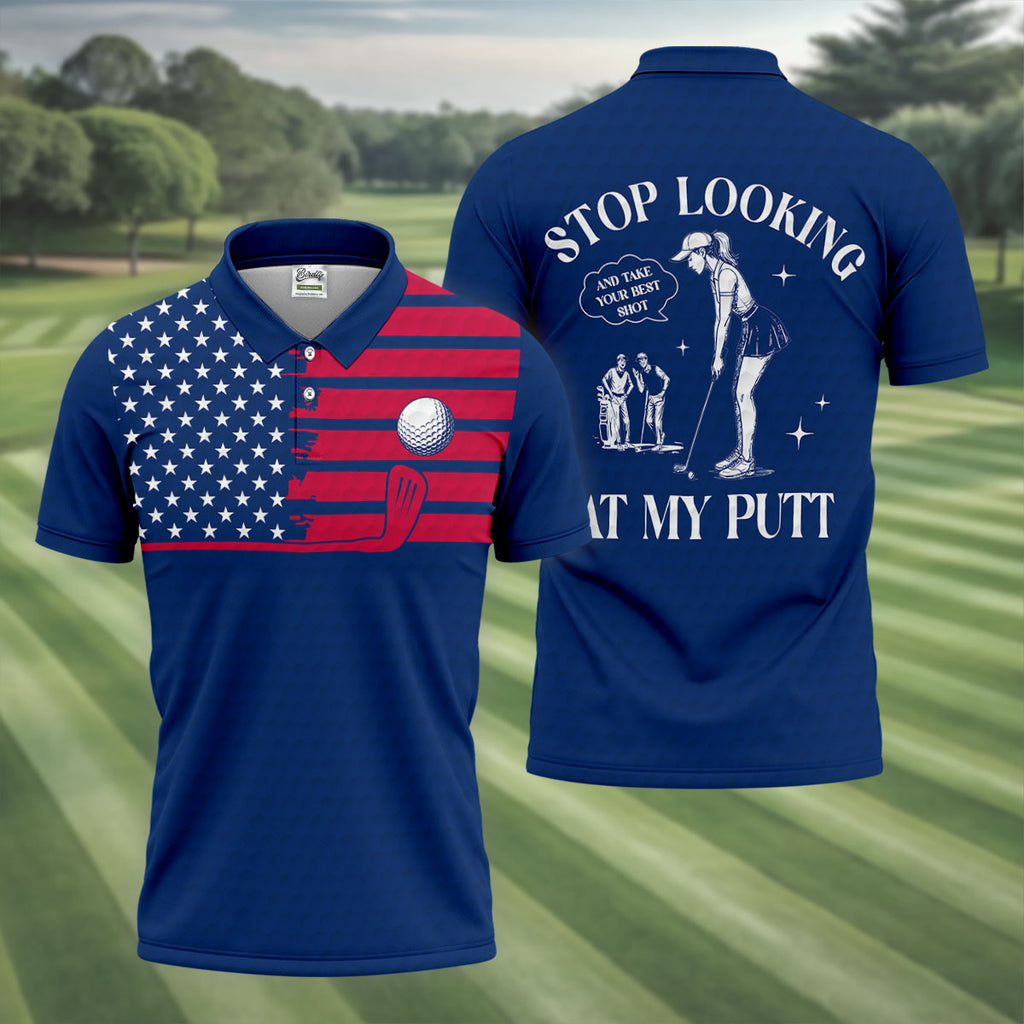 Stop Looking At My Putt US Flag Pattern Funny Golf Shirt, 250 Years 4th Of July Patriotic Golf Shirts For Men