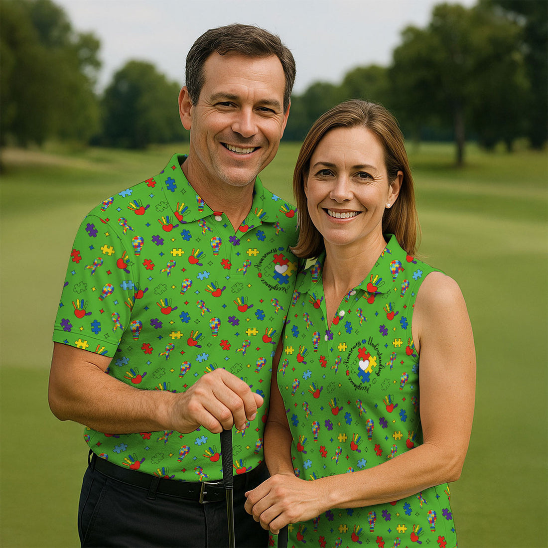 Awareness Understanding Acceptance Autism Ribbon Green Golf Shirt, Autism Awareness Colors Golf Shirts For Men