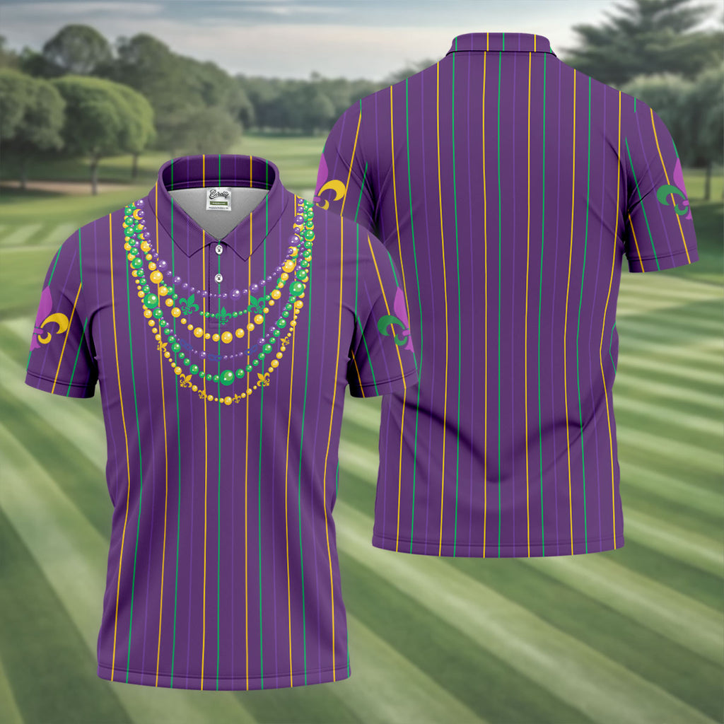 Mardi Gras Beads Necklaces Print Purple Golf Shirt, Golf Tops For Men, Polo Shirts For Men, Golf Shirts For Men