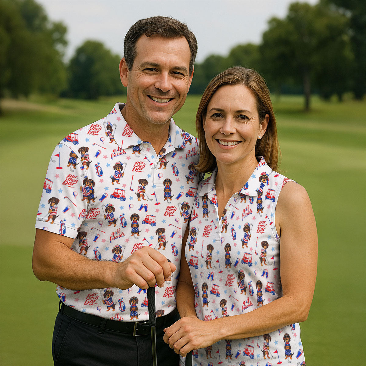 Par Then Bar Cute Dachshund Golf Pose 4th Of July Golf Shirts For Men, 250th Anniversary Patriotic Golf Shirt