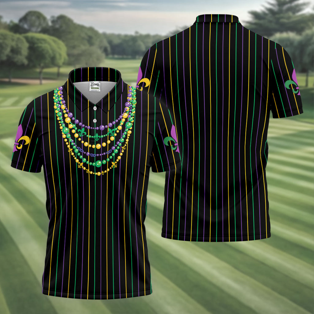 Mardi Gras Beads Necklaces Print Black Golf Shirt, Golf Tops For Men, Polo Shirts For Men, Golf Shirts For Men