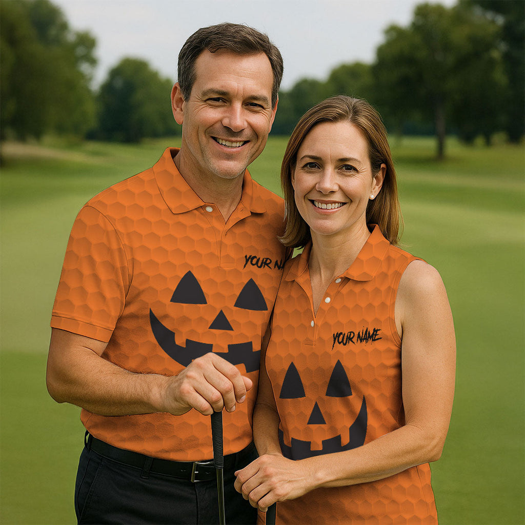 Halloween Pumpkin Face Custom Name Men's Funny Golf Shirts, Polo Shirts For Men, Golf Gift For Men