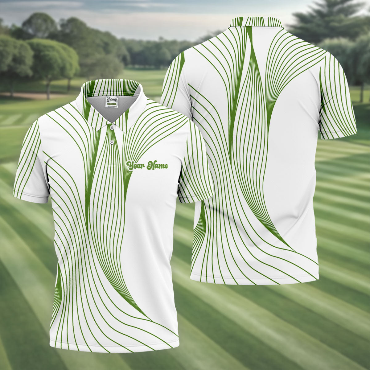Geometric Line Wavy Line Green And White Custom Name Golf Shirts For Men, Men's Golf Shirt, Polo Shirts For Men