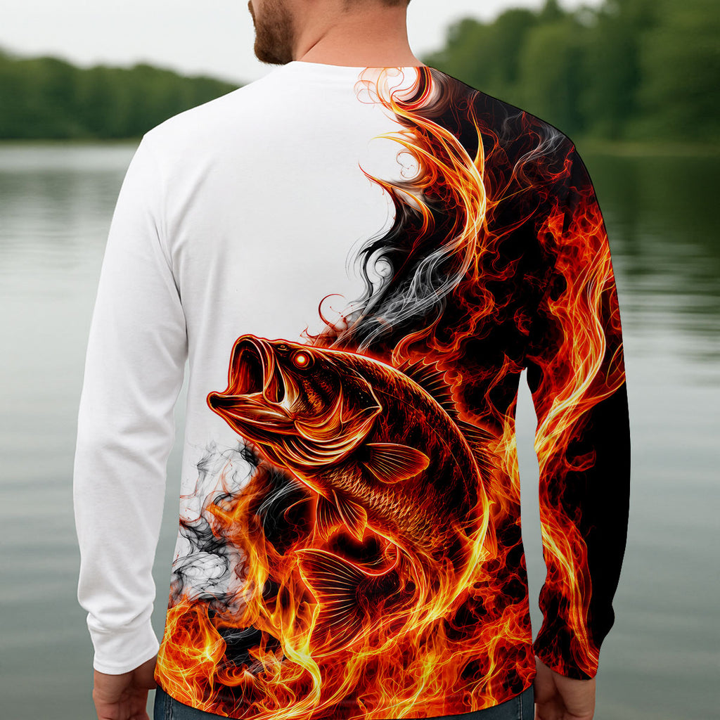 Your Name Fire Bass Fishing UPF Shirt, Fishing Shirts For Men, Long Sleeve Fishing Shirt