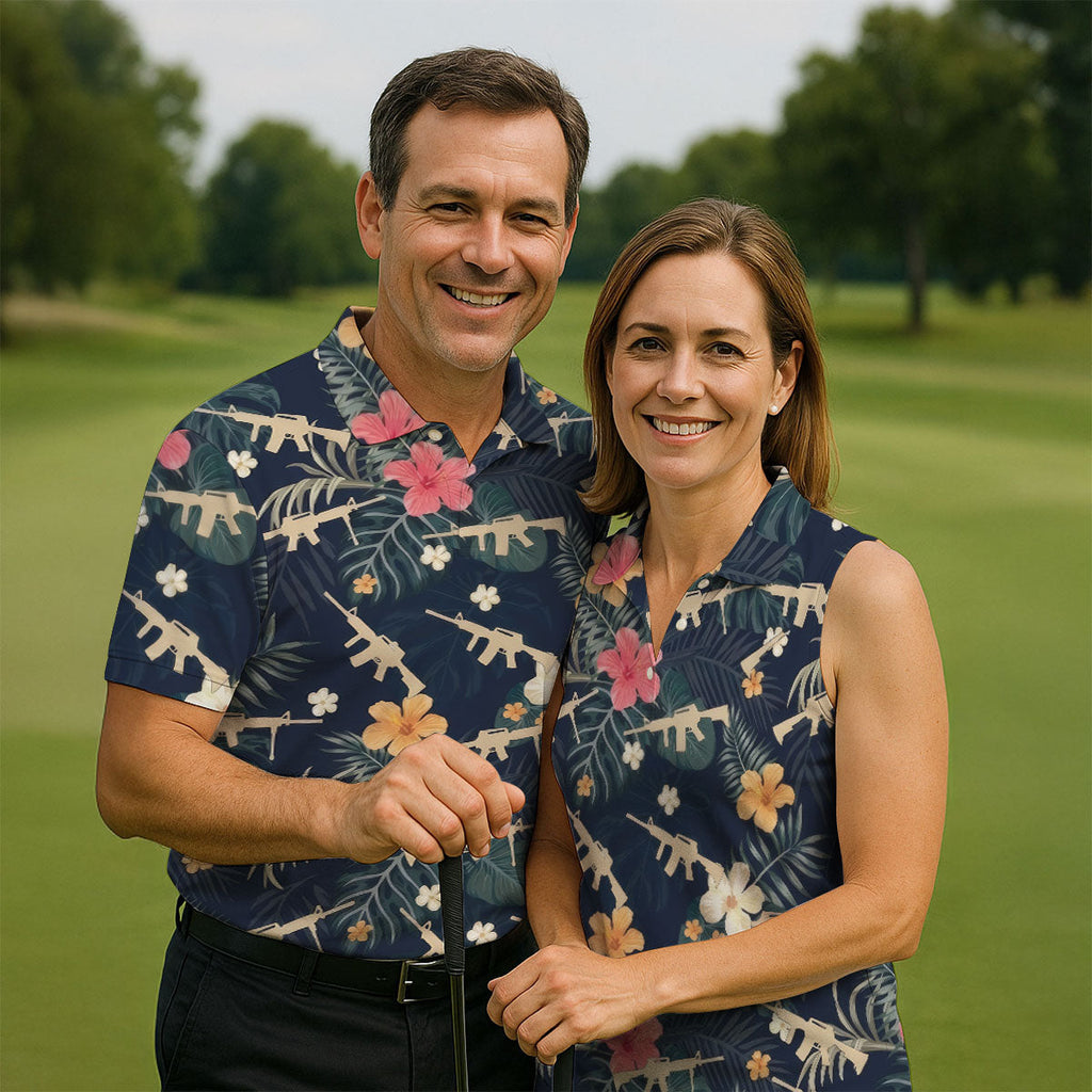 Colorful Hibiscus With Army Theme Golf Shirts For Men, Polo Shirts For Men, Golfing Apparel