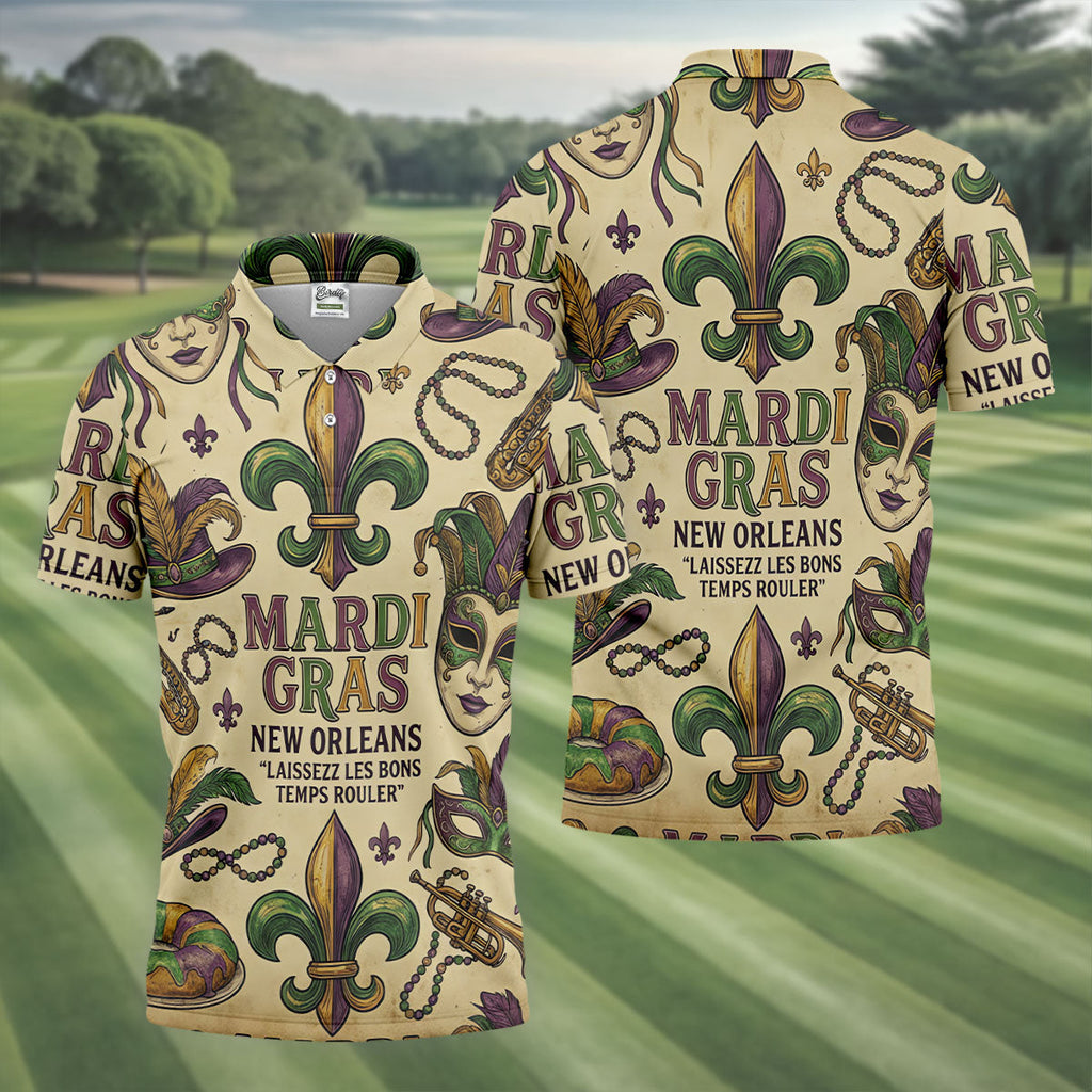 Mardi Gras New Orleans Fleur De Lis Carnival Hat Men's Golf Polo Shirts, Golf Shirts For Men