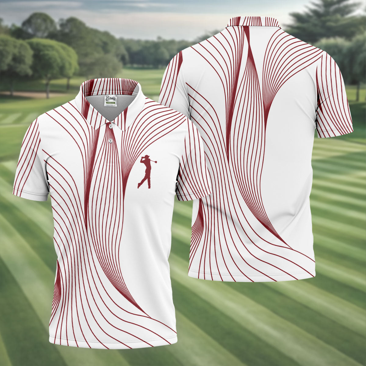 Geometric Line Wavy Line Maroon And White Golf Shirts For Men, Men's Golf Shirt, Polo Shirts For Men