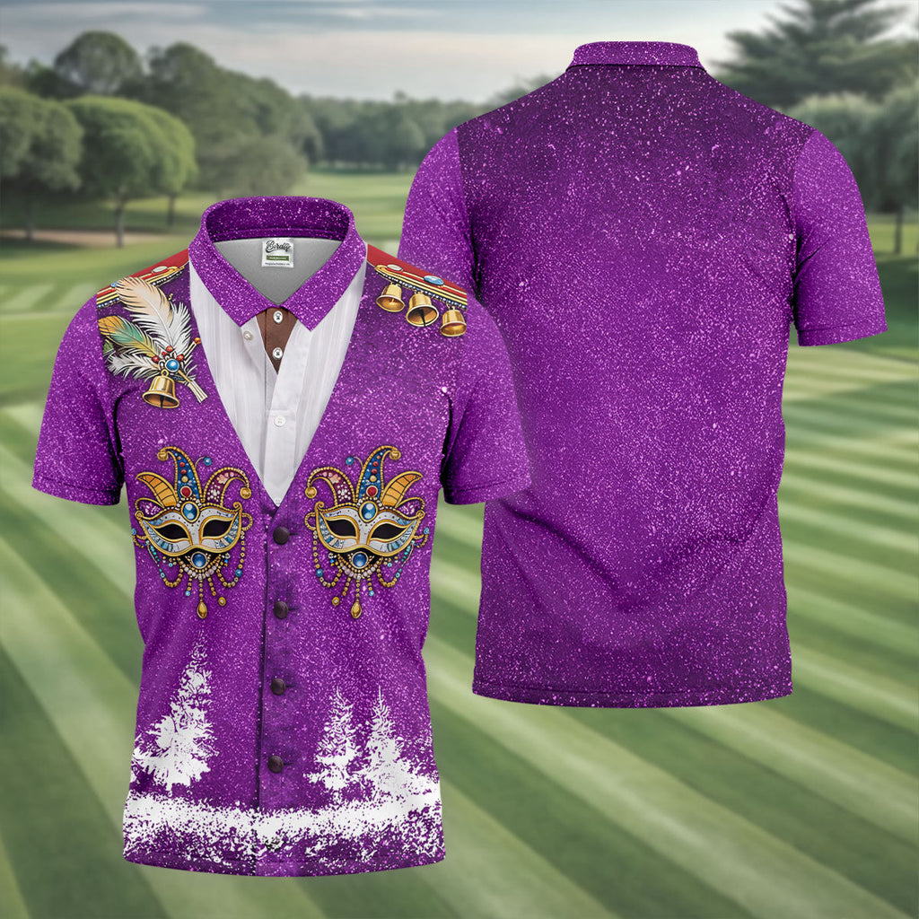 Masquerade Mask Feather Mardi Gras Glitter Print Purple Golf Shirt, Polo Shirts For Men, Golf Shirts For Men