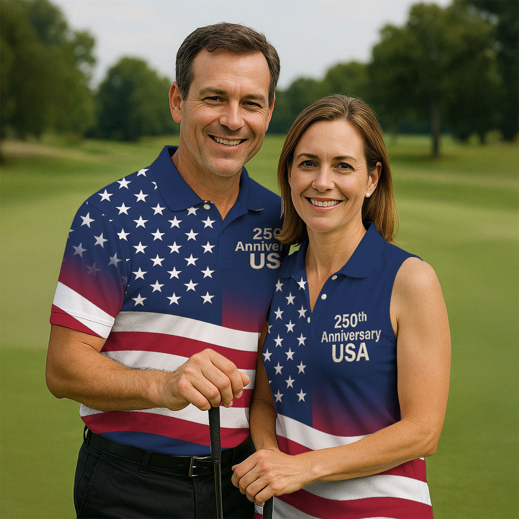 250th Anniversary USA Flag Pattern 4th Of July Golf Shirt, Patriotic Golf Shirt, Golf Shirts For Men
