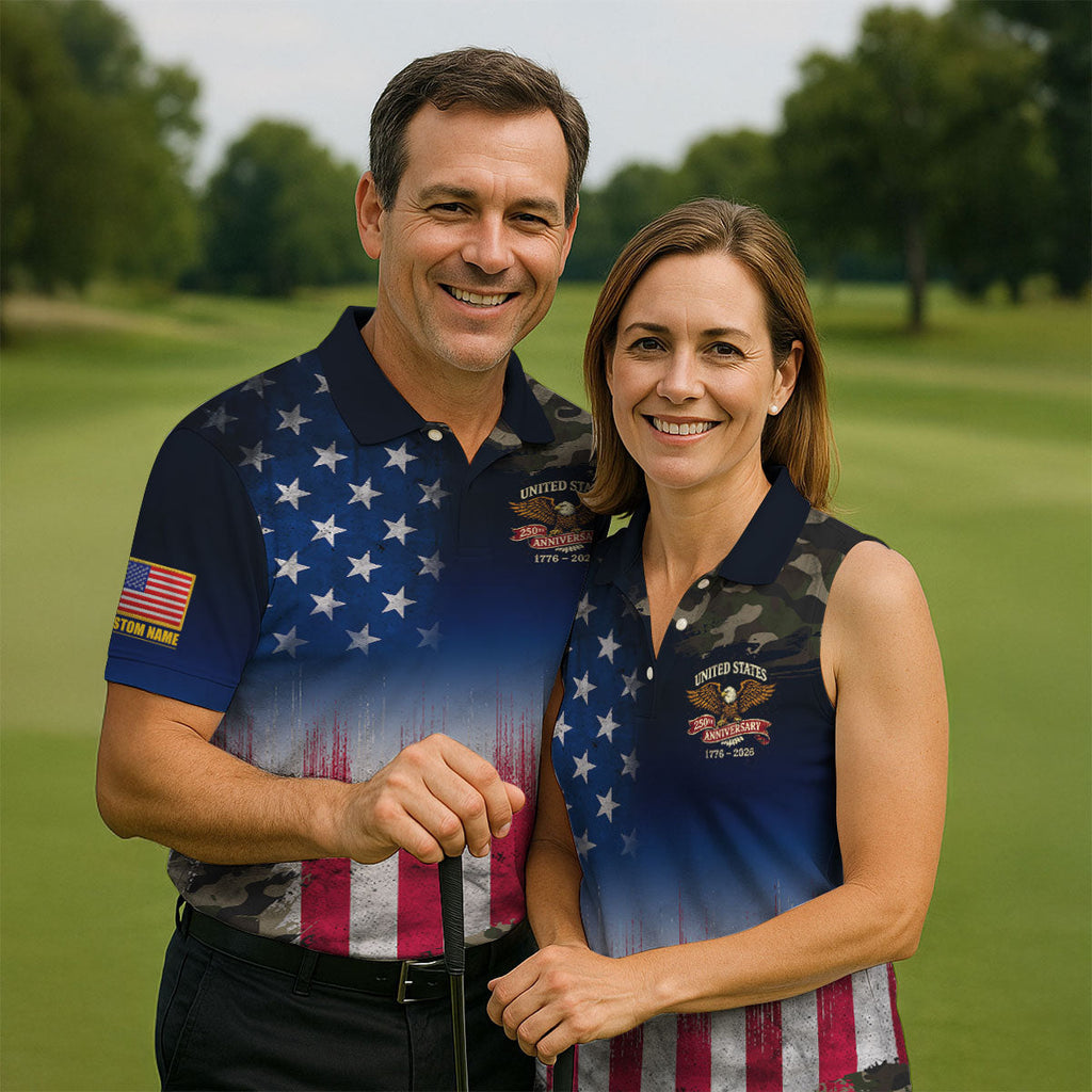 United States 250th Anniversary Camo Patriotic 4th Of July Golf Shirt, Distressed Flag Golf Shirts For Men