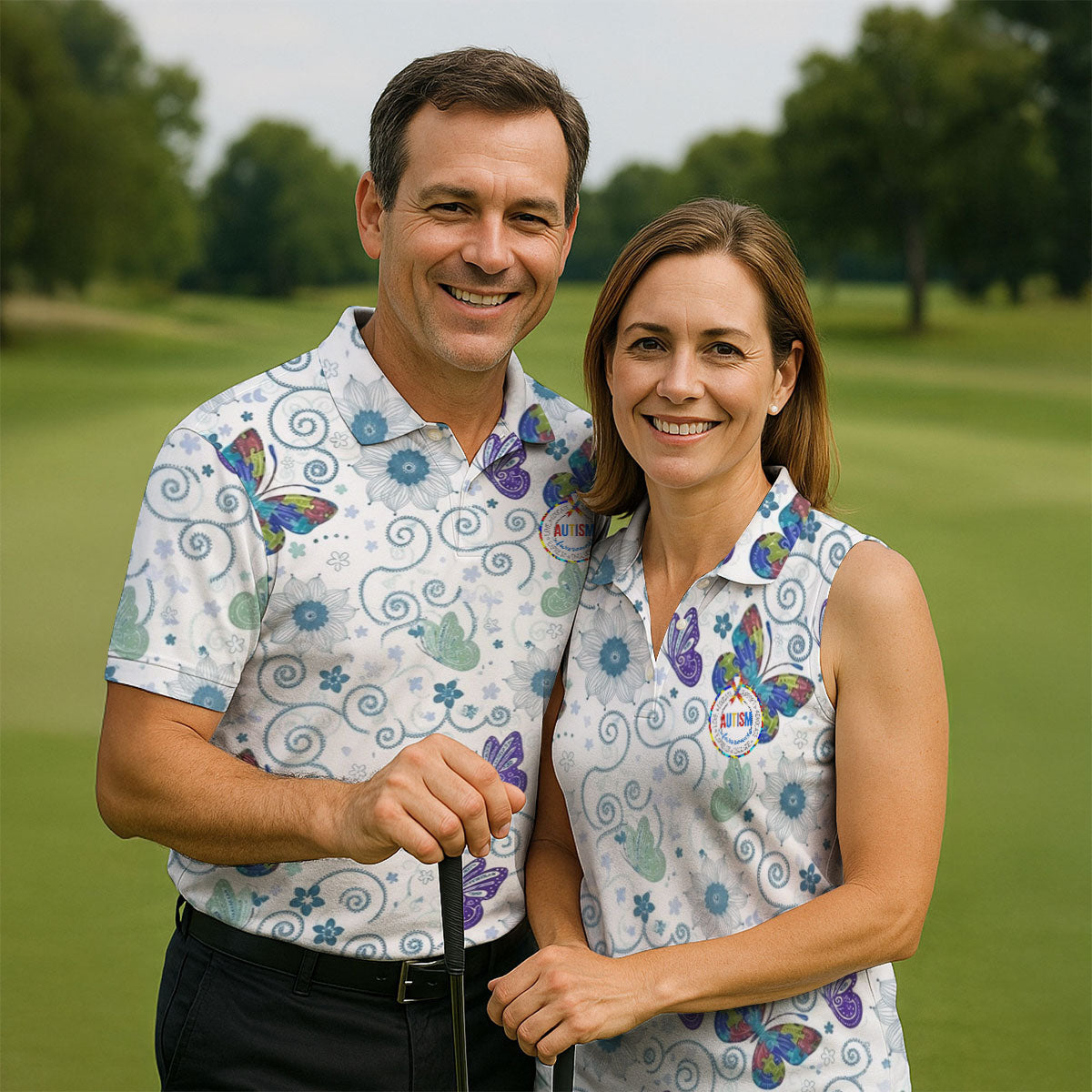 Autism Awareness Flower And Butterfly Puzzle Ribbon Men's Golf Shirt, Polo Shirts For Men