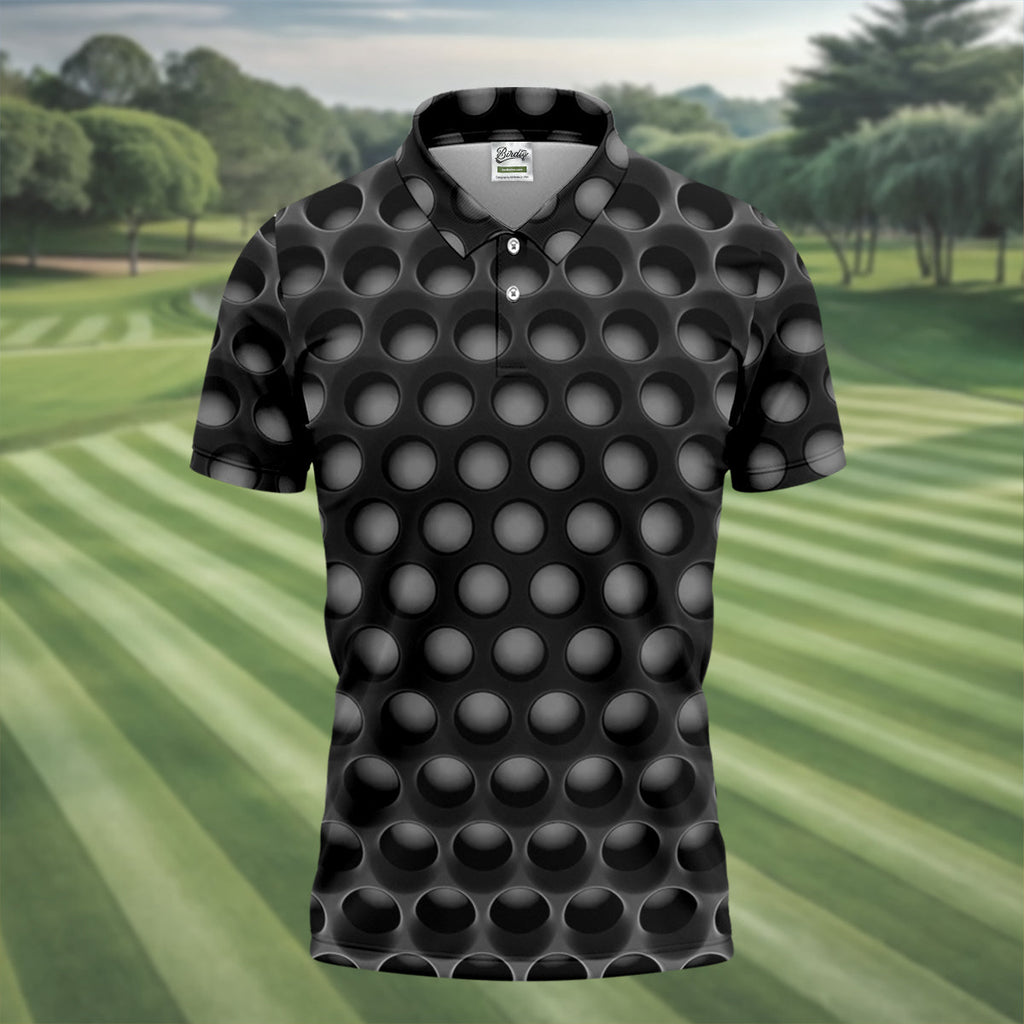 3D Effect Circular Pattern Black Golf Shirt, Cool Golf Outfit, Men's Funny Golf Shirts, Polo Shirts For Men