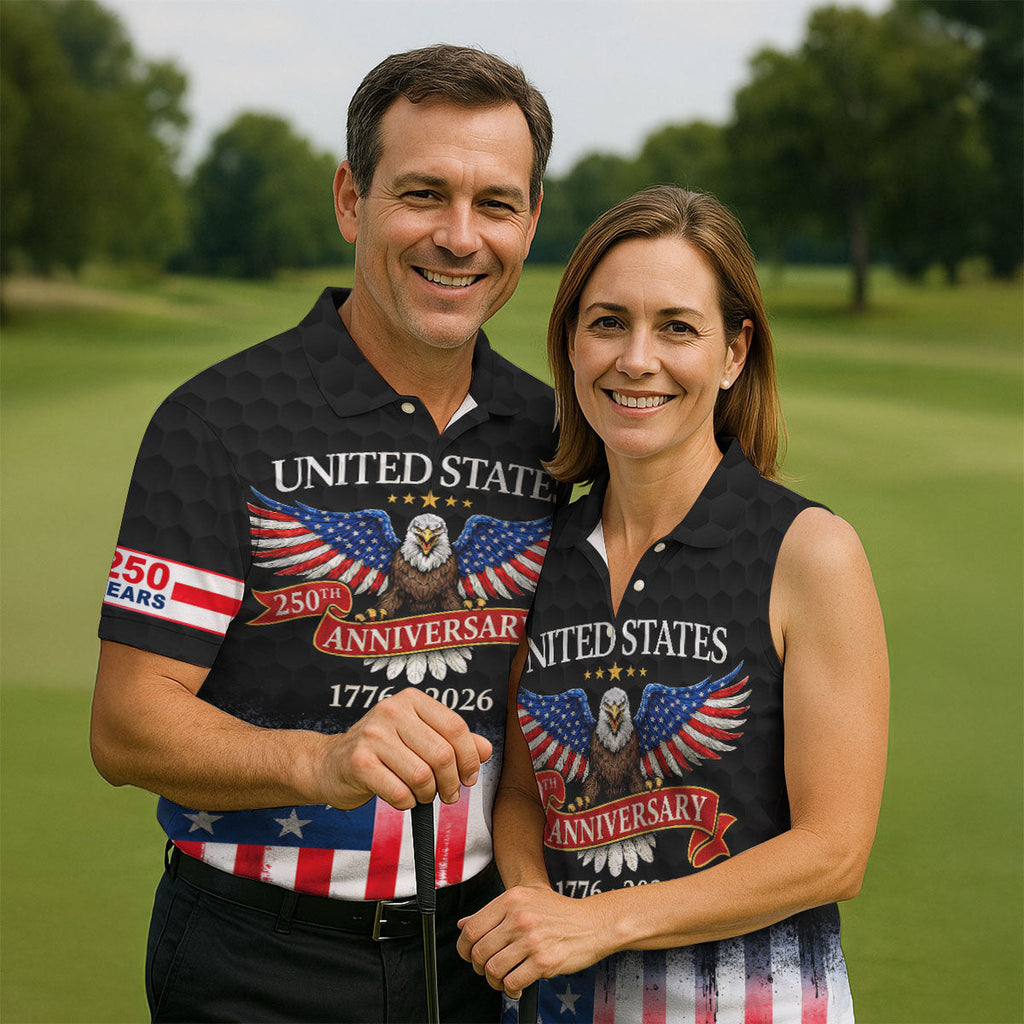 US Bald Eagle 250th Anniversary Celebration Ribbon Black Golf Shirt, Patriotic 4th Of July Golf Shirts For Men