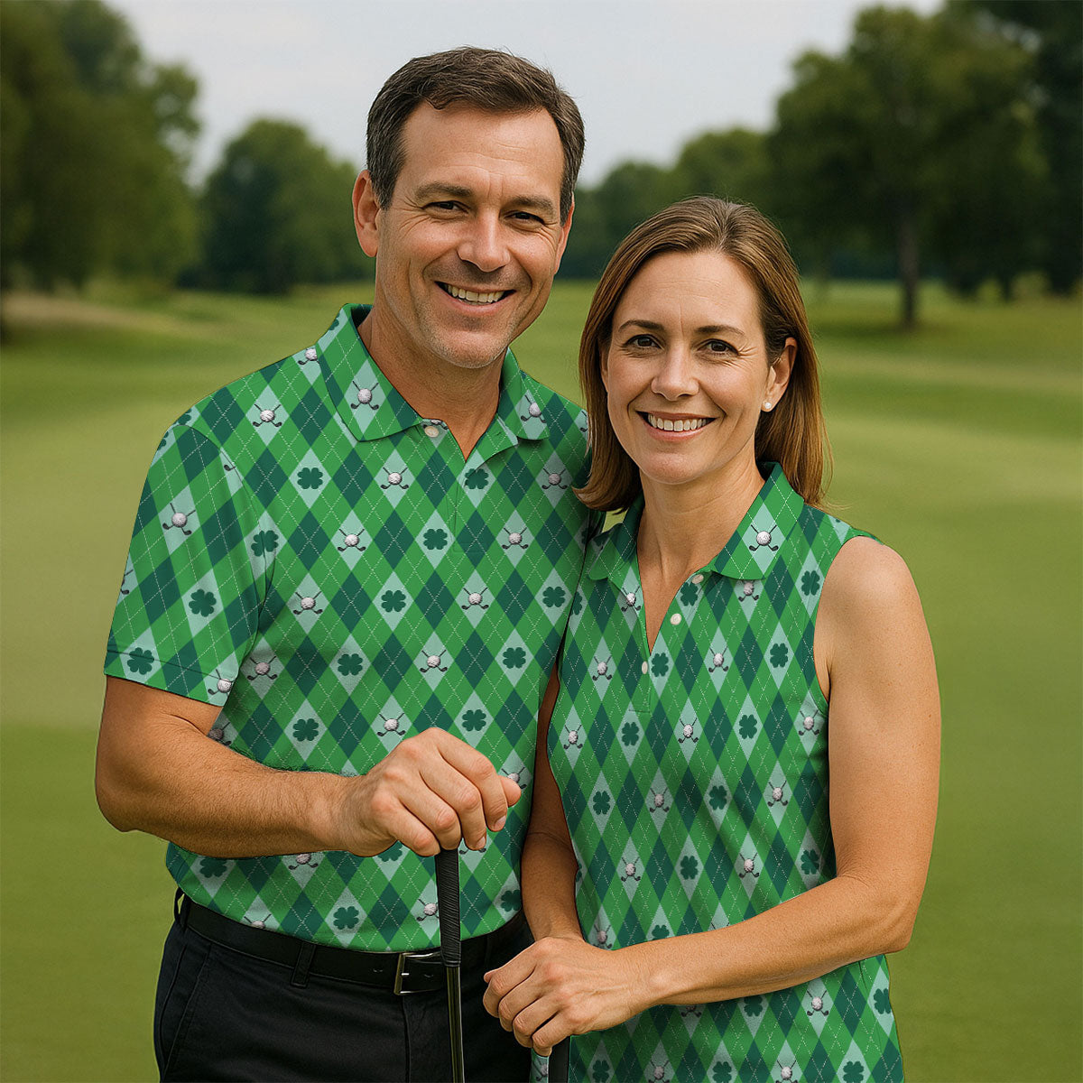 Lucky Four Leaf Clover Golf Ball Pattern Argyle Pattern St Patrick's Day Golf Shirt, Polo Shirts For Men
