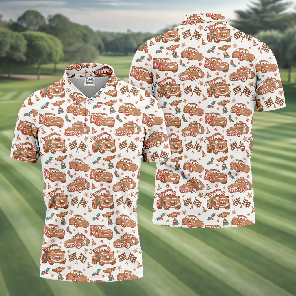 Funny Christmas Animation Car Polo ShirtFor Men, Christmas Golf Shirt, Golf Gift For Men, Christmas Golf Shirt