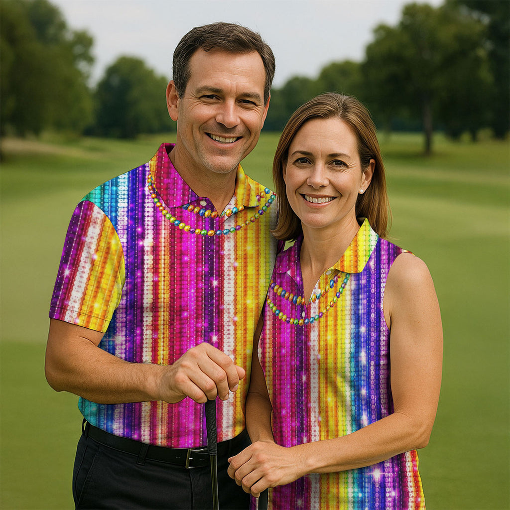 Mardi Gras Sequinned Glitter Print Golf Tops For Men, Polo Shirts For Men, Golf Shirts For Men