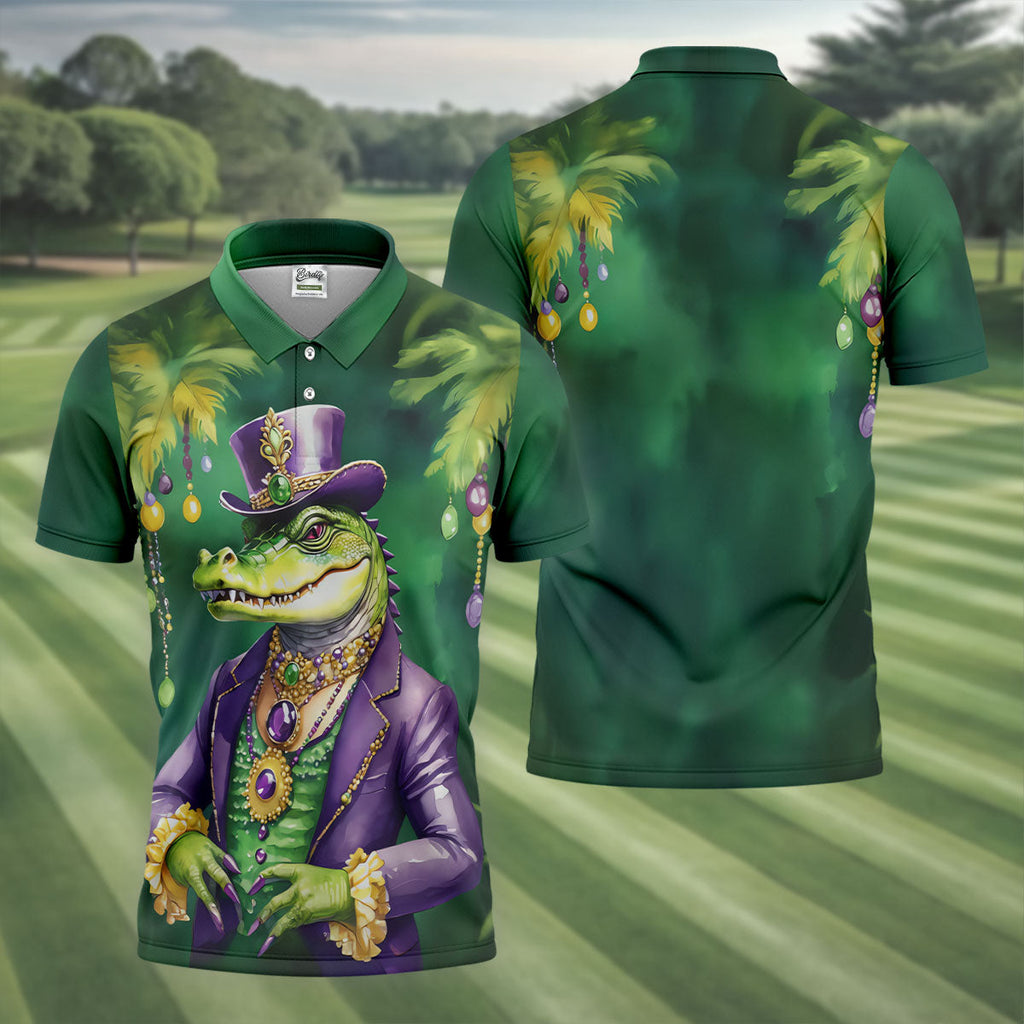 Mardi Gras Alligator Green Golf Shirt, Men's Funny Golf Shirts, Polo Shirts For Men, Golf Shirts For Men