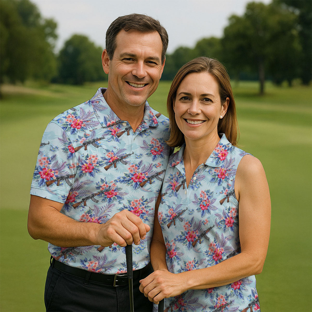 Hawaiian Floral Military Theme Light Blue Golf Shirt, Golf Shirts For Men, Polo Shirts For Men