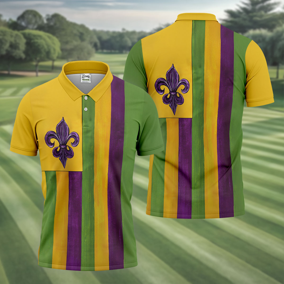 Purple Green Gold Vertical Stripes Fleur De Lis Flower Mardi Gras Golf Shirt, Polo Shirts For Men, Golf Shirts For Men