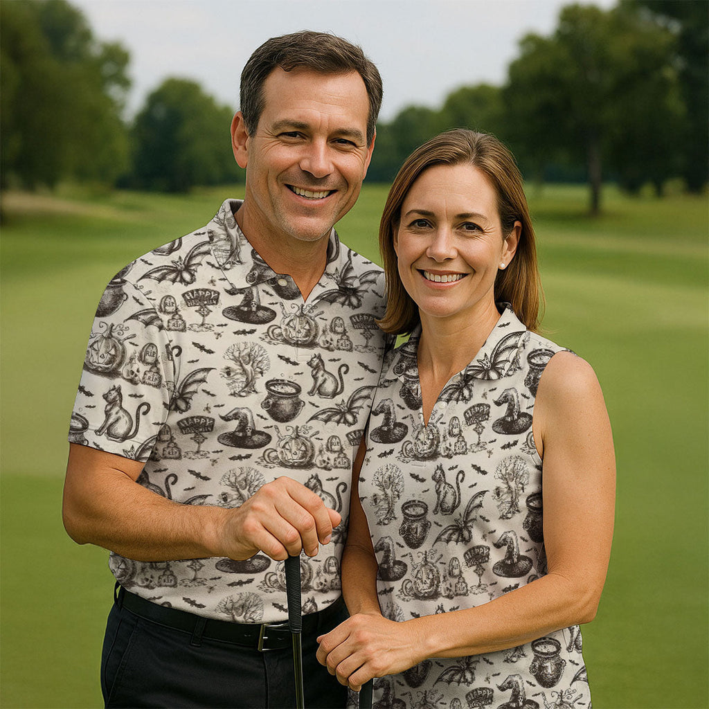 Halloween Witch Cat Pattern Men's Funny Golf Shirts, Unique Gift For Golfer, Polo For Men