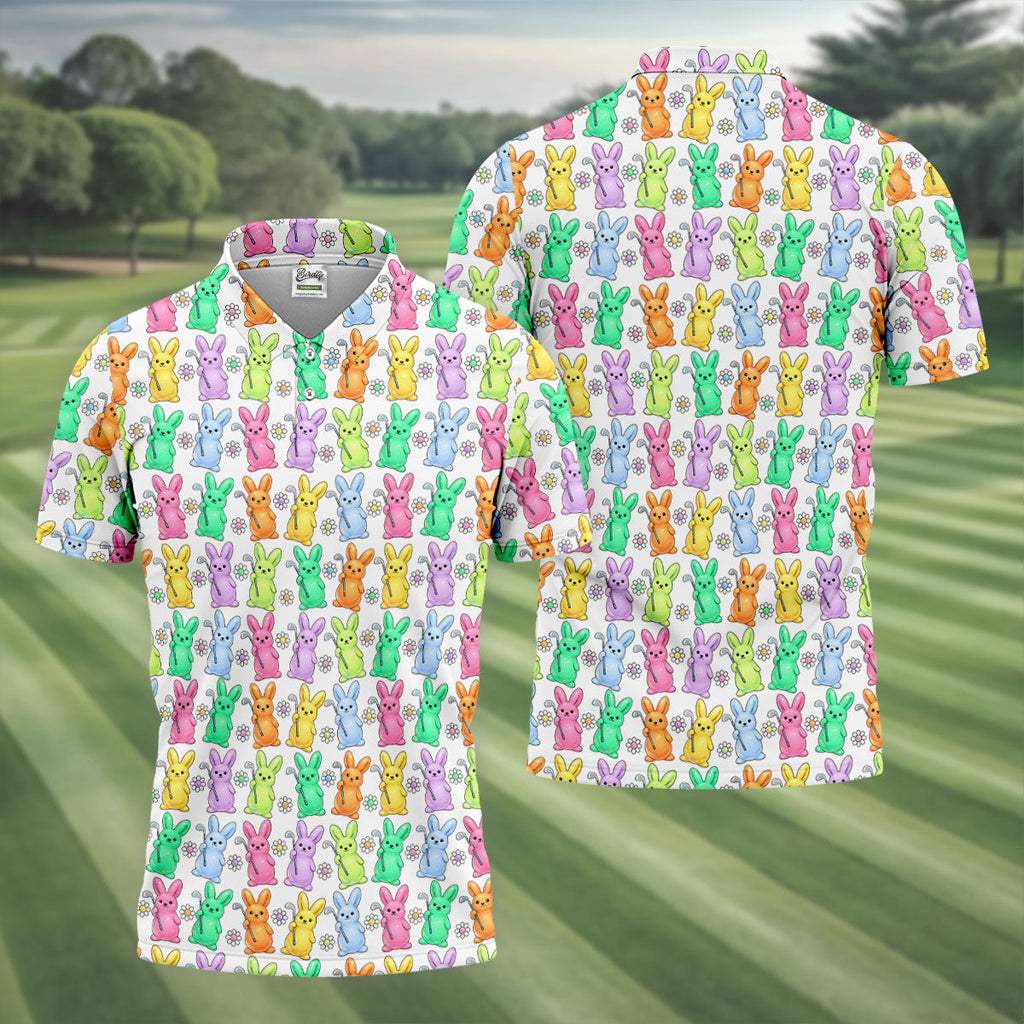 Colorful Easter Bunny White Golf Shirt, Cute Golf Outfit, Golf Shirts For Men, Golf Gift For Men