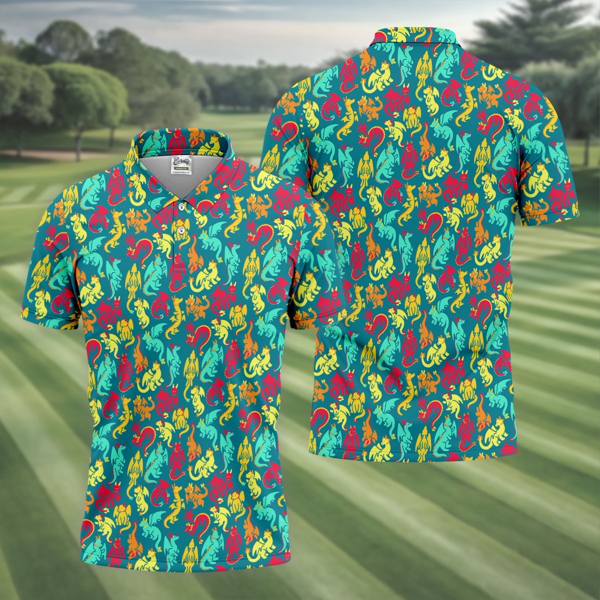 Cartoon Dragons Colorful Golf Shirt, Cute Golf Outfit, Polo Shirts For Men, Golf Shirts For Men