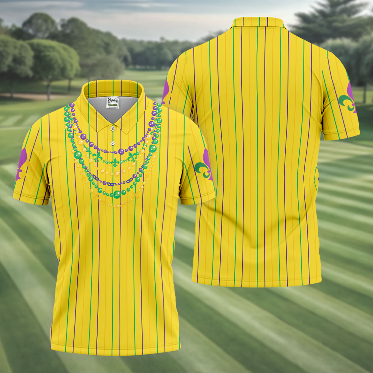 Mardi Gras Beads Necklaces Print Yellow Golf Shirt, Golf Tops For Men, Polo Shirts For Men, Golf Shirts For Men