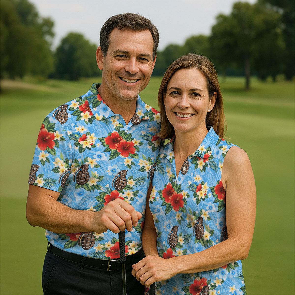 Floral Pattern Army Theme Hawaiian Blue Golf Shirt, Men's Golf Polo Shirts, Golf Shirts For Men