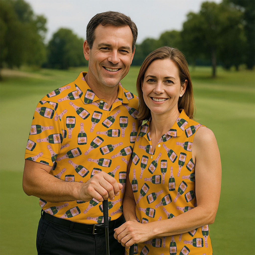 Rosé Champagne Seamless Pattern Yellow Golf Shirt, Polo Shirts For Men, Golf Shirts For Men