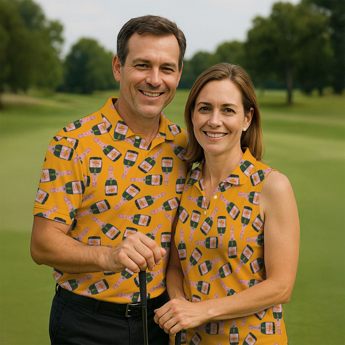 Rosé Champagne Seamless Pattern Yellow Golf Shirt, Polo Shirts For Men, Golf Shirts For Men