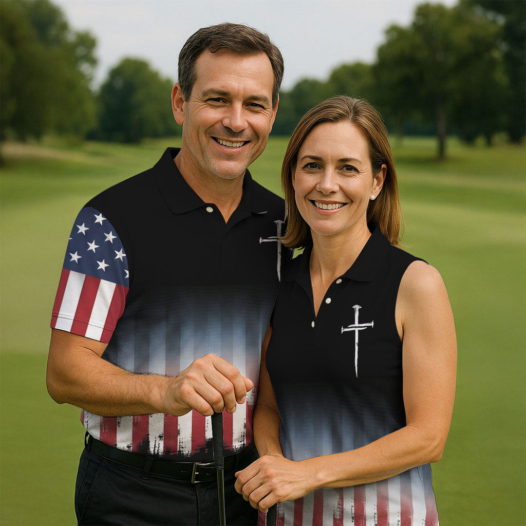 250 Years USA Anniversary 1776-2026 Men's Golf Polo Shirt, Faith Cross 4th Of July Patriotic Golf Shirt