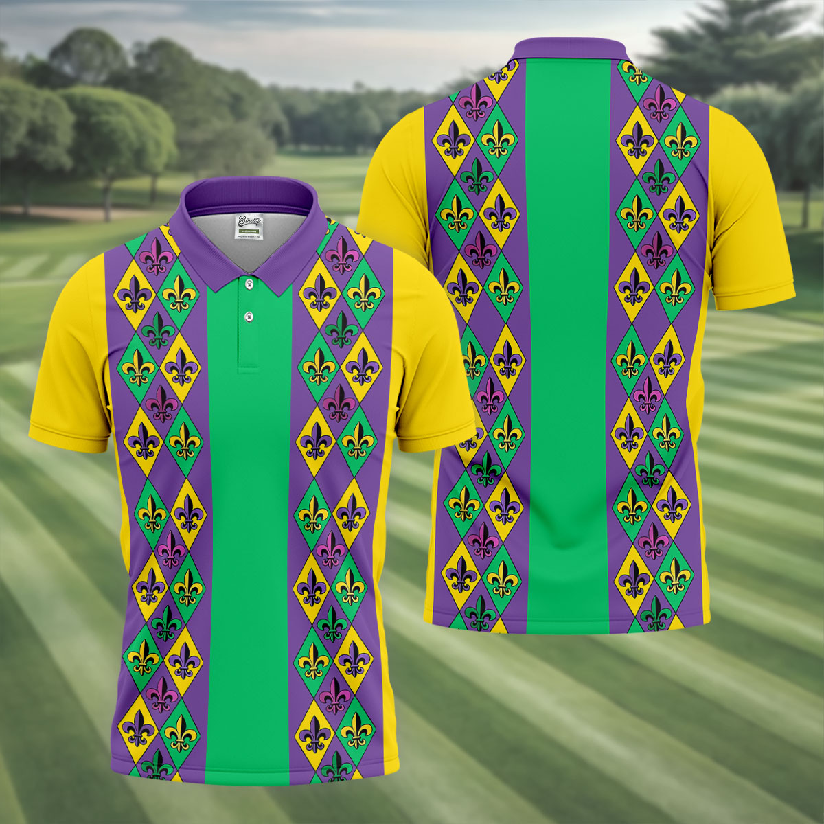 Purple Green Gold Fleur De Lis Argyle Pattern Mardi Gras Golf Shirt, Golf Shirts For Men, Polo Shirts For Men