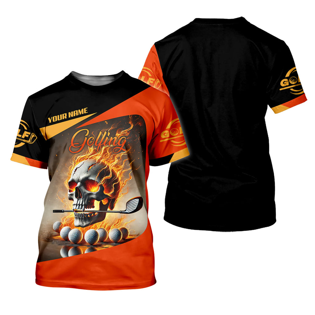 Custom Flame Skull Golf Polo ShirtGolfing Apparel, Mens Golf Gift, Funny Golf Shirt