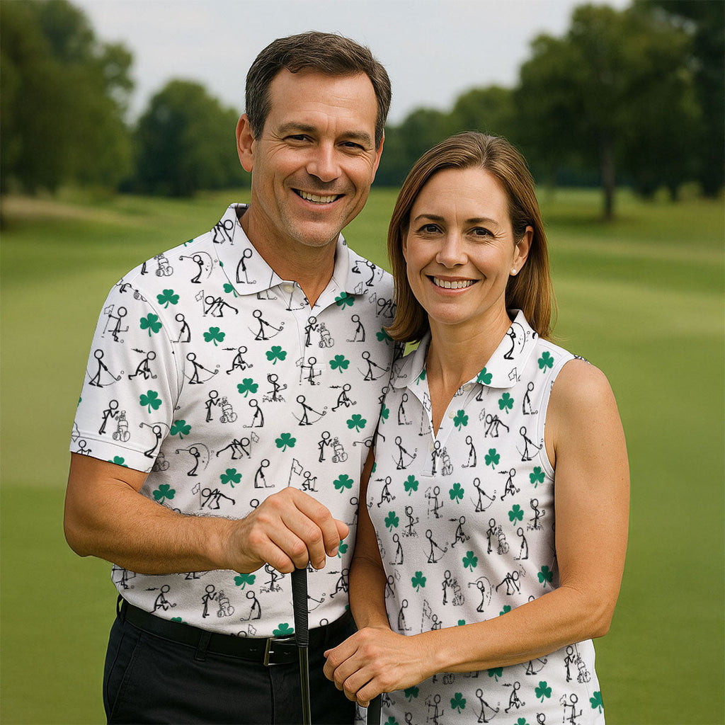 Stick Figure Golf Pose St Patrick's Day Shamrock White Golf Shirt, Polo Shirts For Men, Golf Shirts For Men
