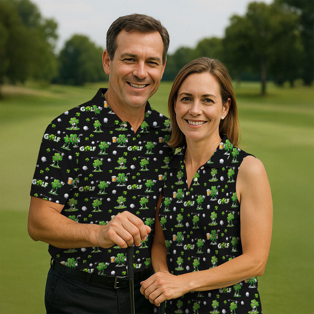 Three Leaf Clover Golf And Beer St Patrick's Day Black Golf Shirt, Fun Golf Shirts For Men, Polo Shirts For Men