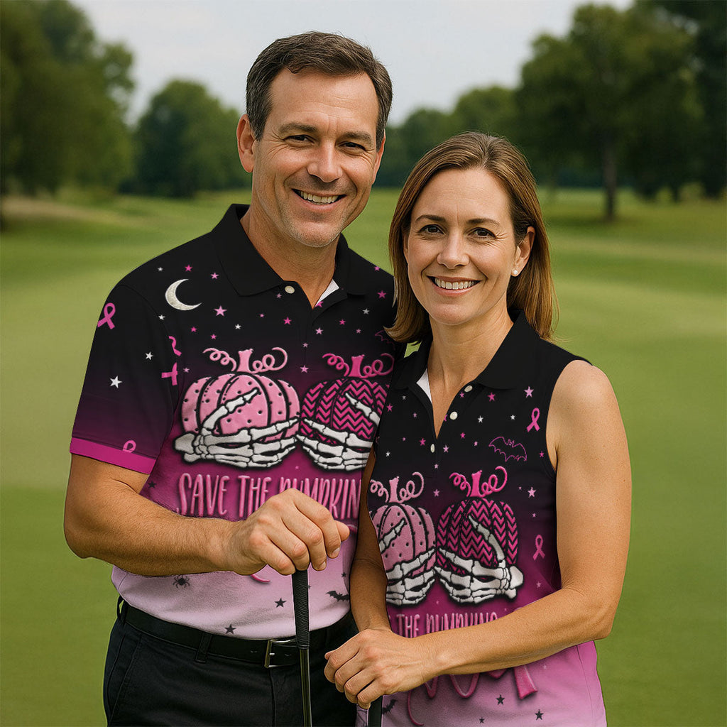Save The Pumpkins Halloween Breast Cancer Golf Polo Shirt, Golf Apparel For Men