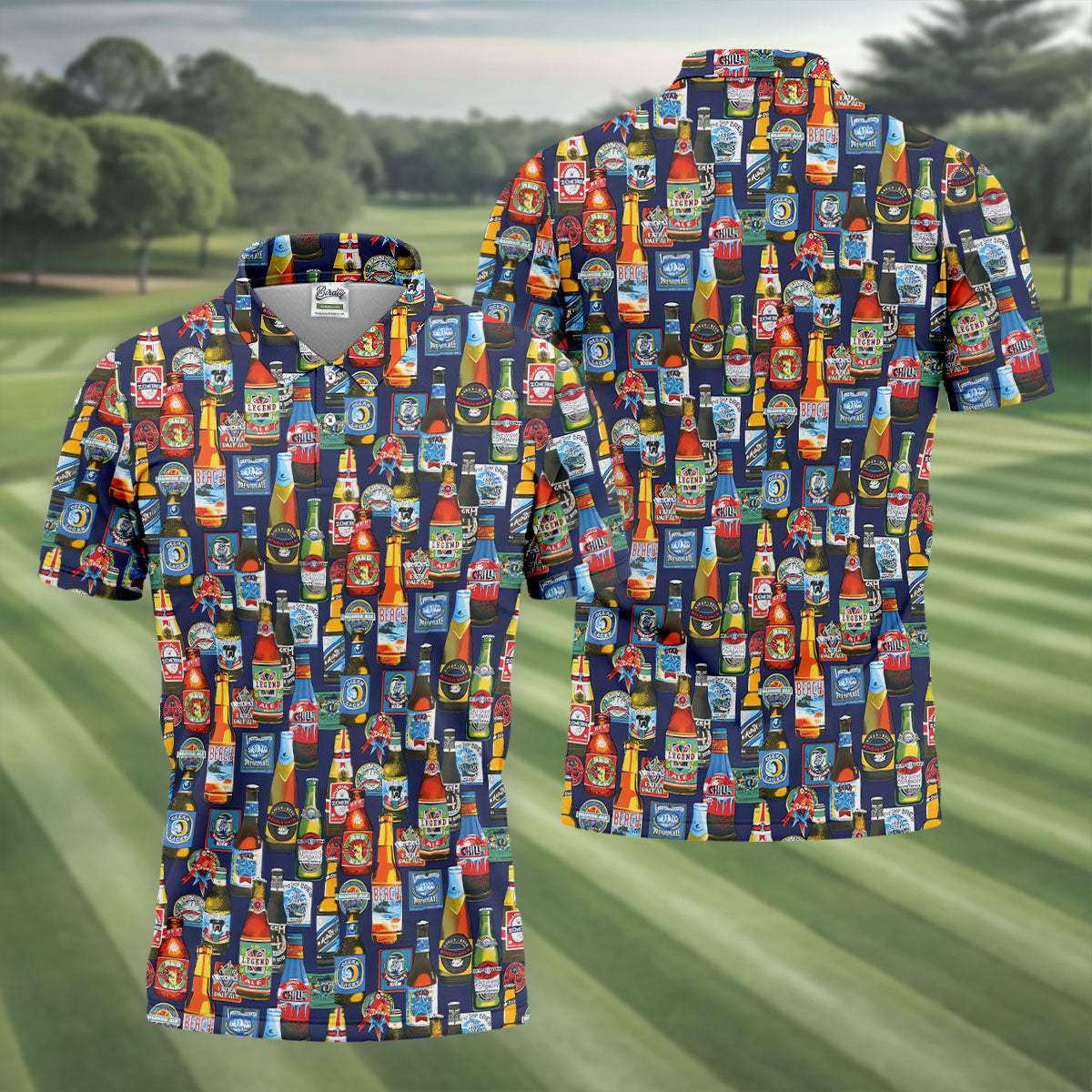 Beer Bottle Labels Navy Golf Shirt, Men's Funny Golf Shirts, Golf Tops For Men, Golf Shirts For Men