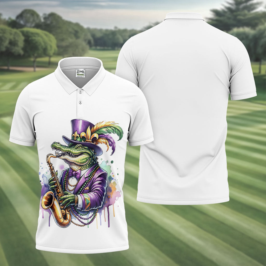 Mardi Gras Alligator Playing Saxophone White Golf Shirt, Golf Shirts For Men, Polo Shirts For Men