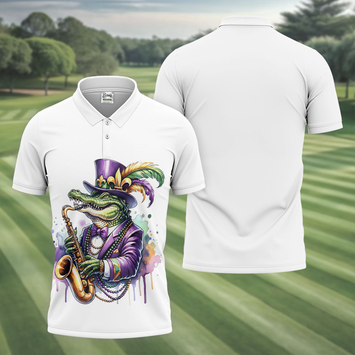 Mardi Gras Alligator Playing Saxophone White Golf Shirt, Golf Shirts For Men, Polo Shirts For Men