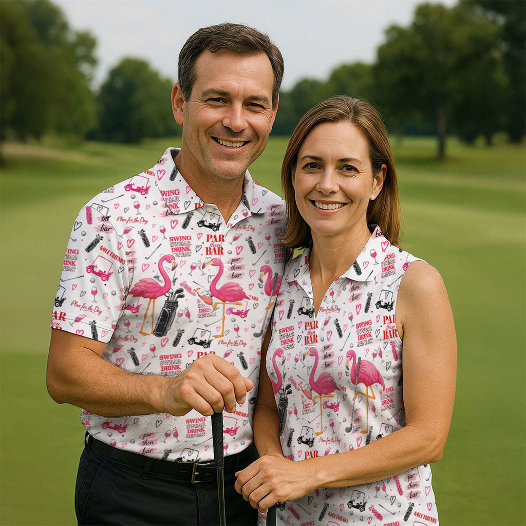Par Then Bar Flamingo Golf Shirt, Tropical Party Polo Shirts For Men, Golf Shirts For Men