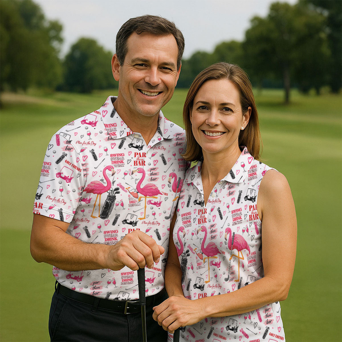 Par Then Bar Flamingo Golf Shirt, Tropical Party Polo Shirts For Men, Golf Shirts For Men
