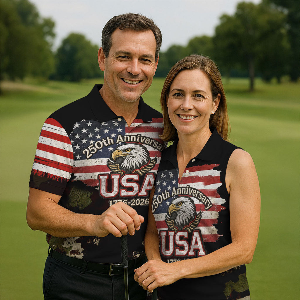 250th Anniversary USA 1776-2026 Distressed Flag Men's Golf Polo Shirt, Patriotic 4th Of July Golf Shirt