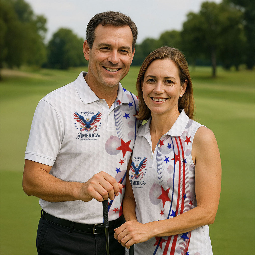 Red White Blue Wavy Stripes Bald Eagle Logo Patriotic 4th Of July Golf Shirt, 250 Years Golf Shirts For Men
