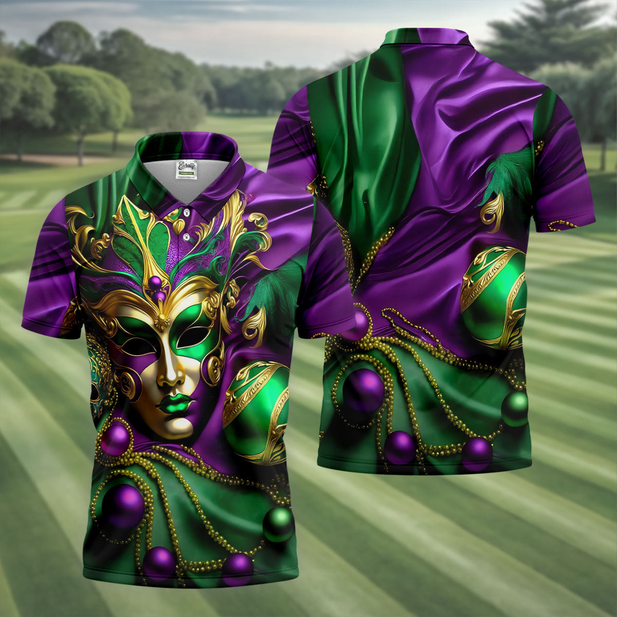 Mardi Gras Face Mask Purple Green Gold Polo Shirts For Men, Golf Shirts For Men, Polo For Men
