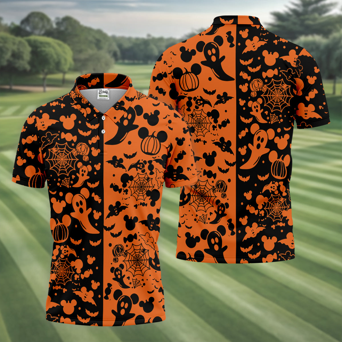 Cute Animated Ghost Black And Orange Halloween Golf Shirt, Fun Golf Shirts For Men, Polo Shirts For Men
