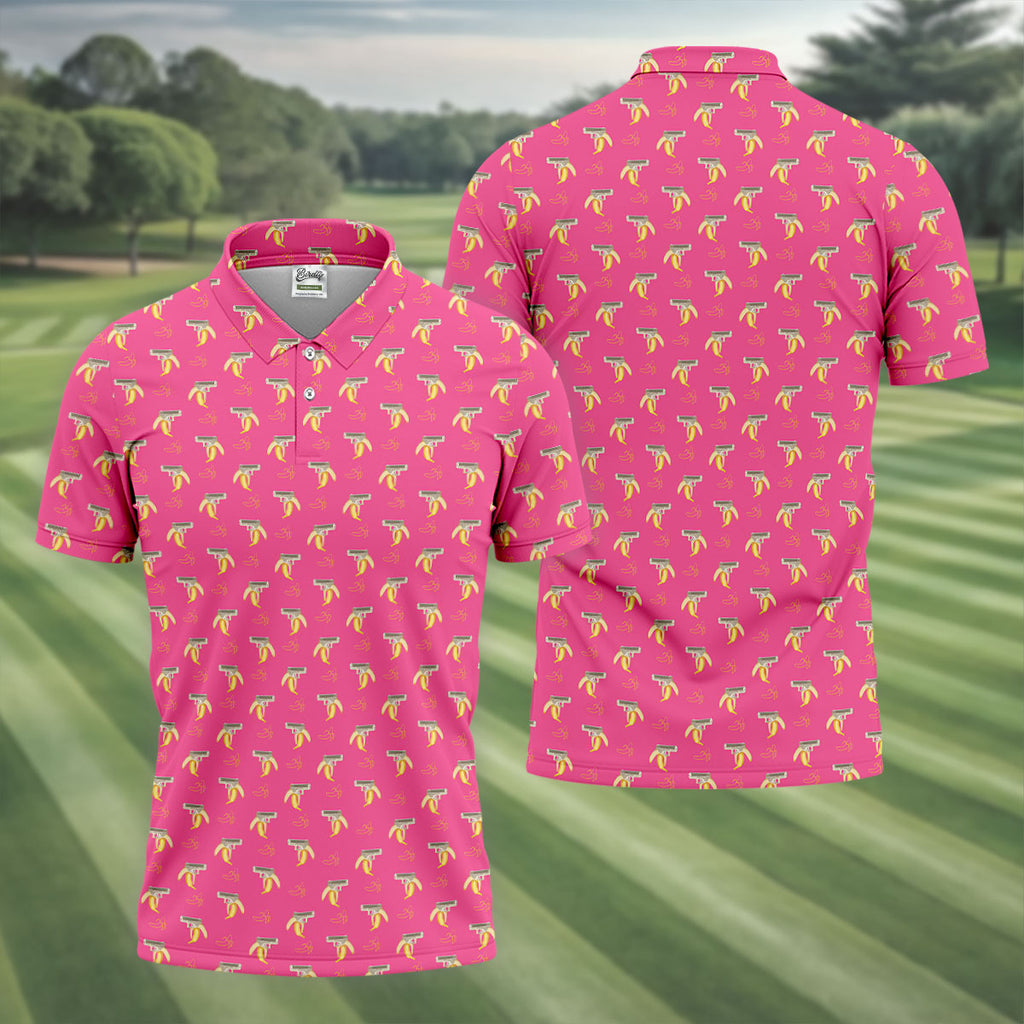 Funny Banana Hot Pink Golf Shirt, Golf Tops For Men, Golf Shirts For Men, Polo Shirts For Men