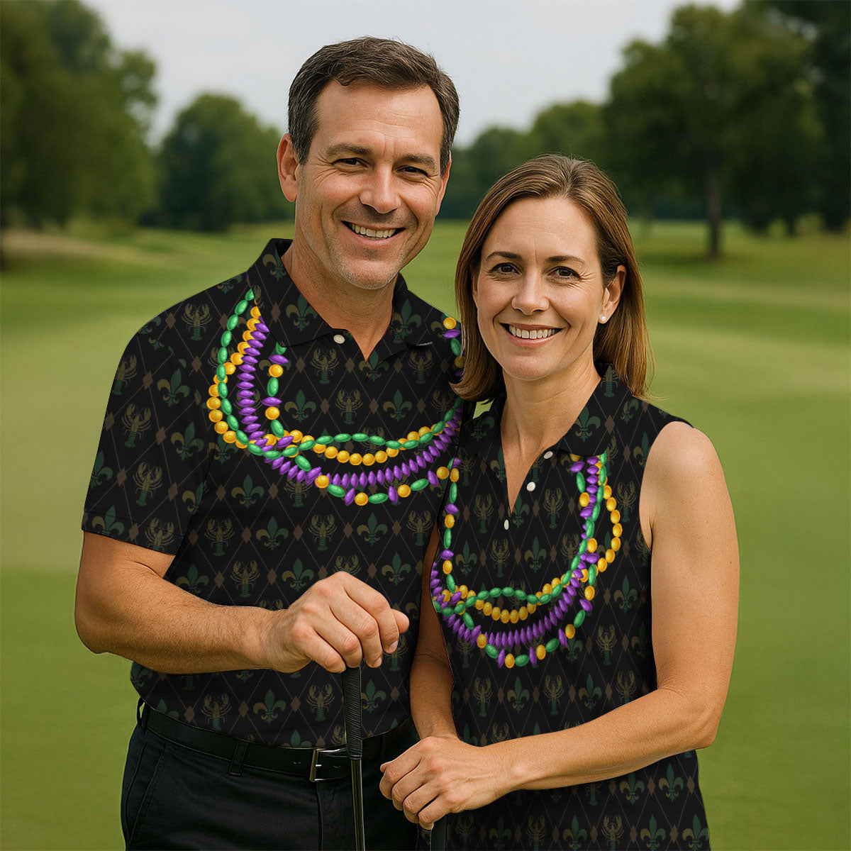 Mardi Gras Beads Chain Crawfish Fleur De Lis Black Golf Shirt, Polo Shirts For Men, Golf Shirts For Men