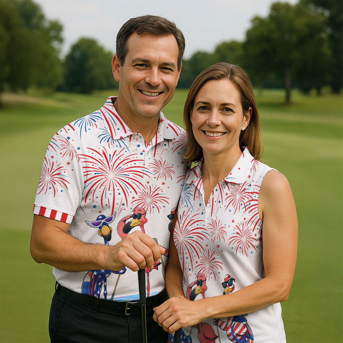 Funny Flamingo American Flag Pattern White Golf Shirt, 250th Anniversary Patriotic Golf Shirt, Golf Shirts For Men